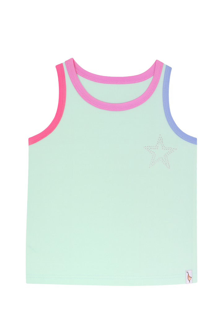 Pastel aqua tank top with pink and periwinkle trim on a white background