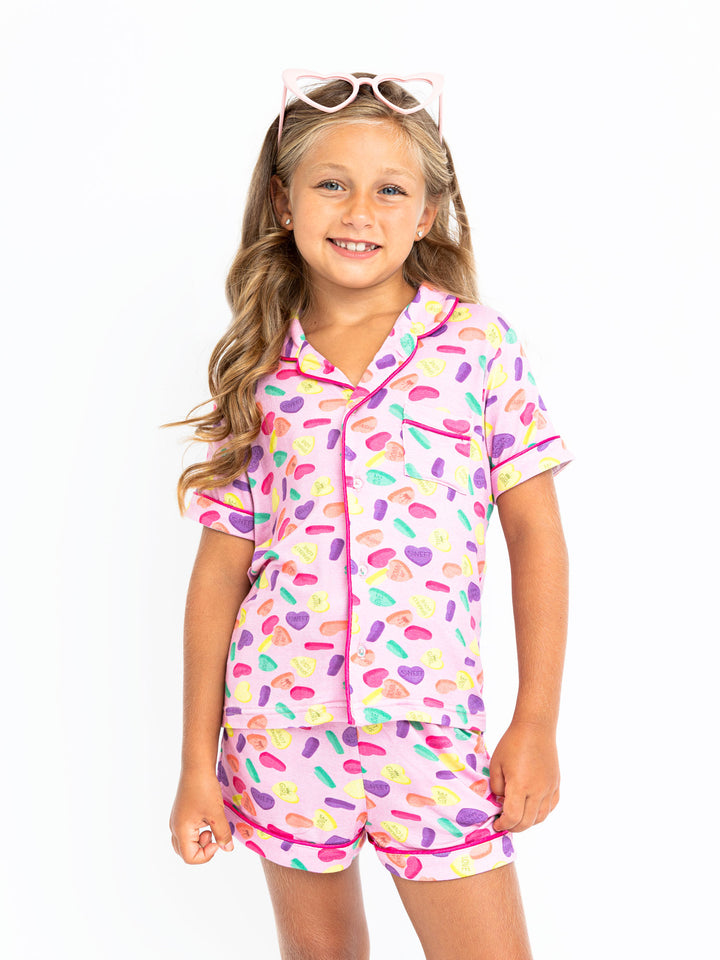 girls candy hearts printed short sleeve pajama short set