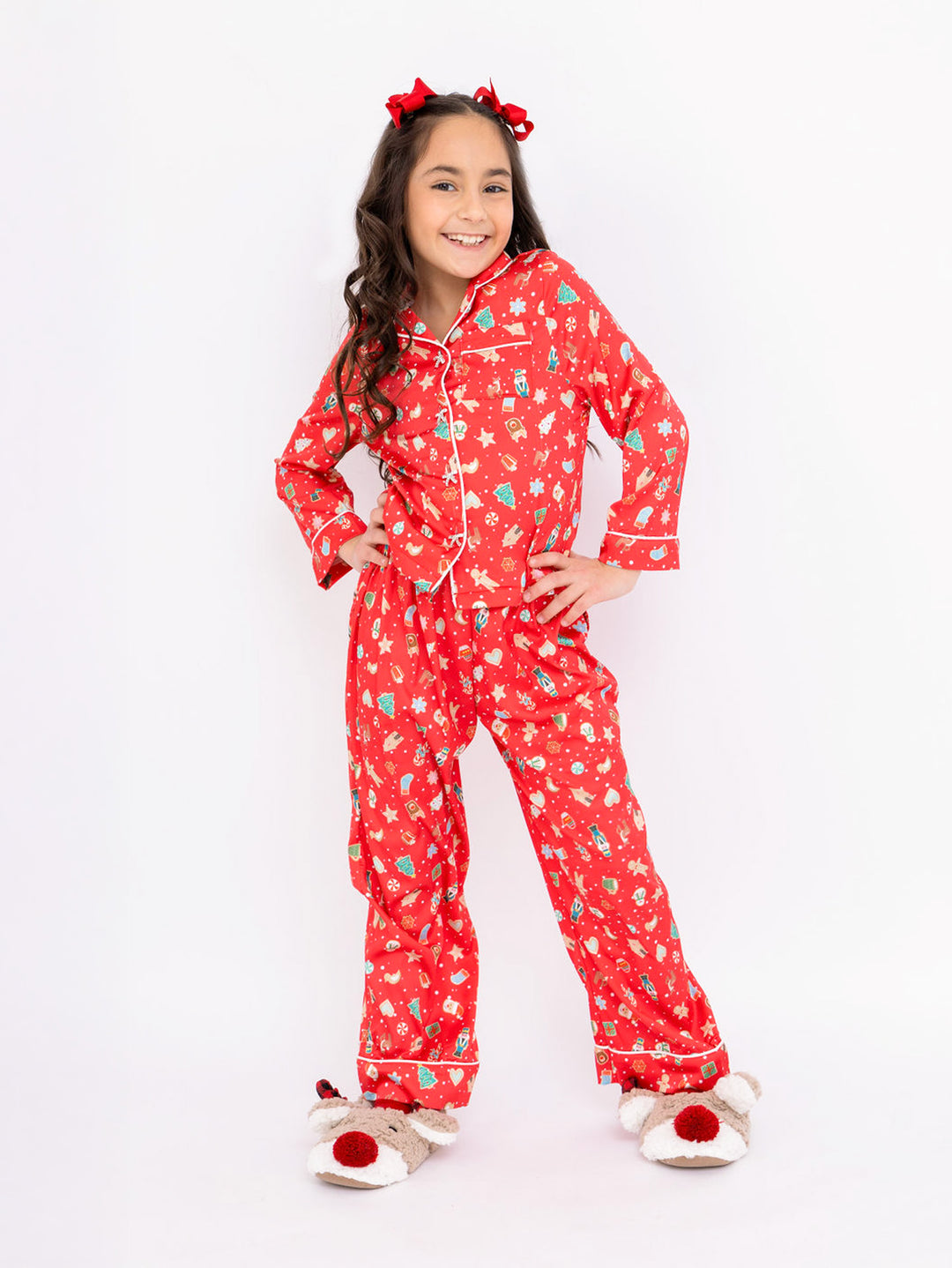 girl in red satin christmas pajama set