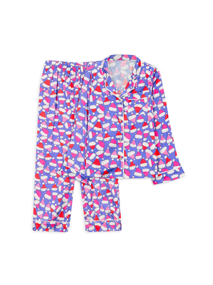 santa hat printed satin pajama set