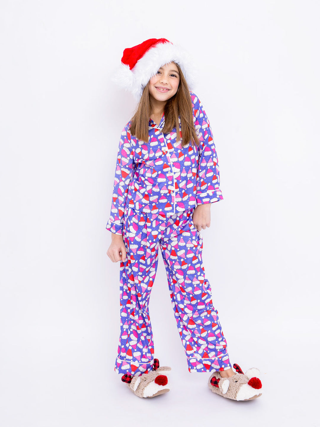 girl in santa hat satin pajama set