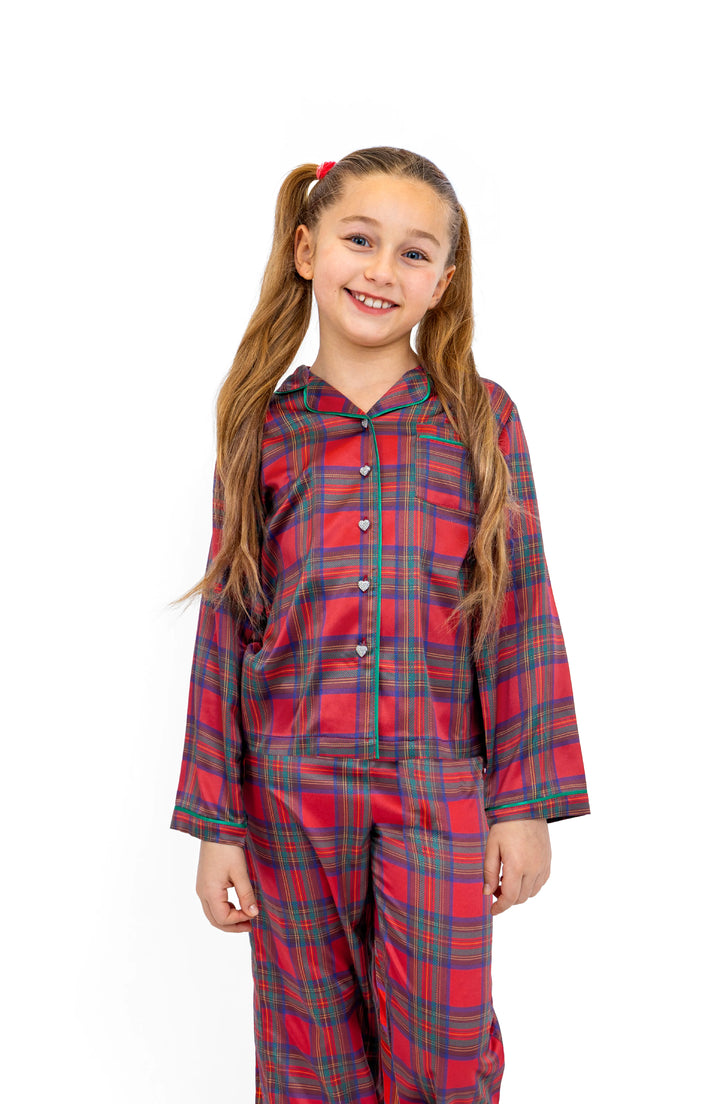 Girls Christmas Plaid Long Sleeve Satin PJ