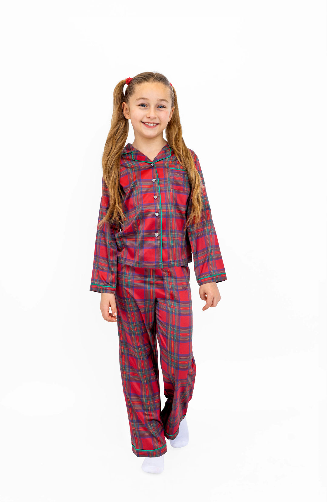 Girls Christmas Plaid Long Sleeve Satin PJ