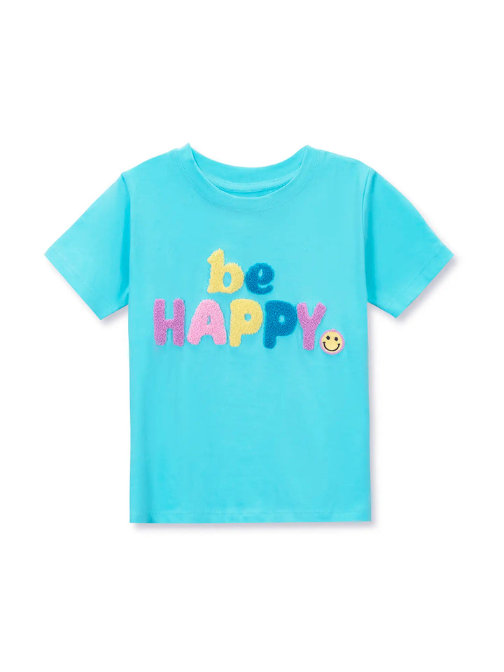 Light blue t-shirt with 'be happy' text on a white background