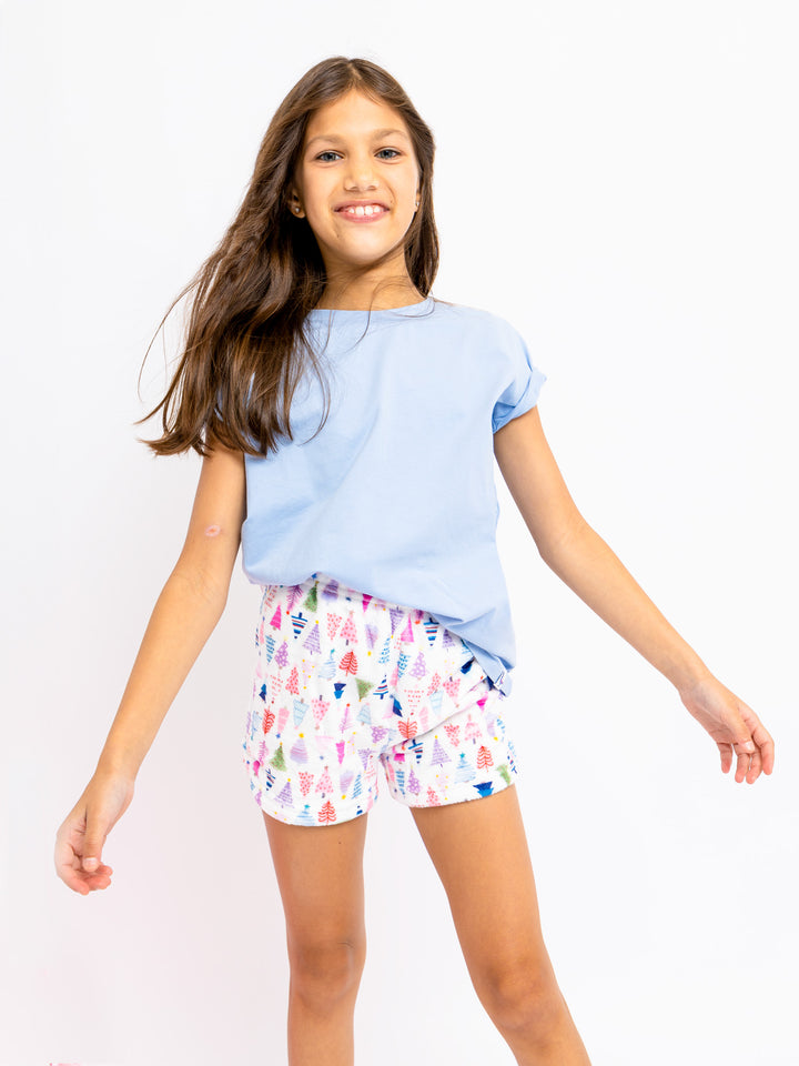 girls plush lounge shorts in christmas tree print