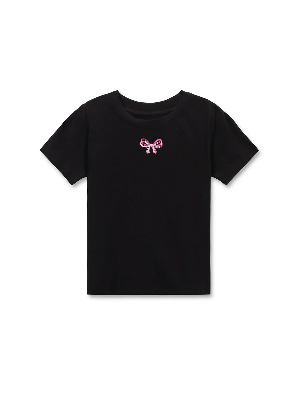 Black t-shirt with a pink bow design on a white background