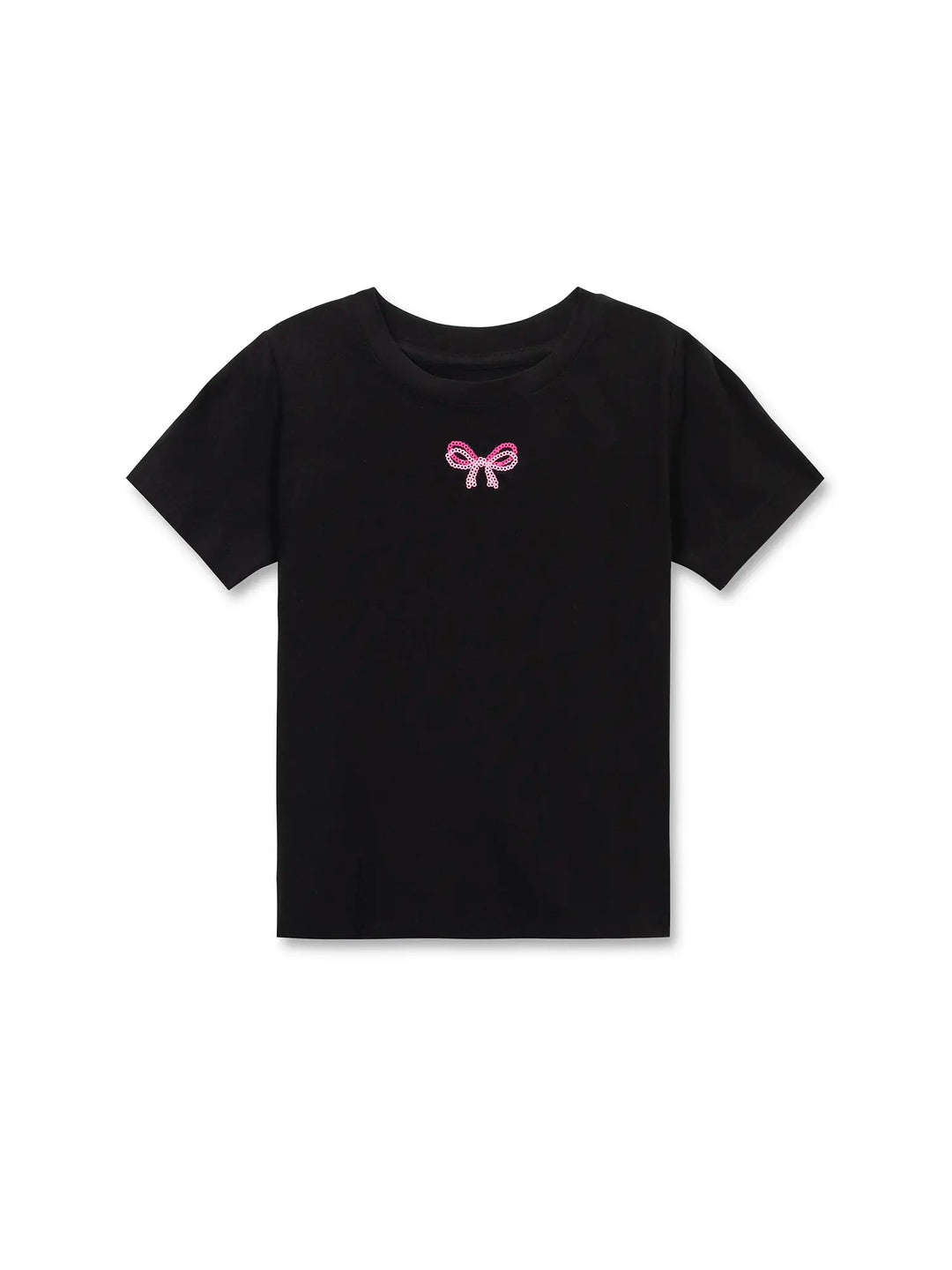 Black t-shirt with a pink bow design on a white background