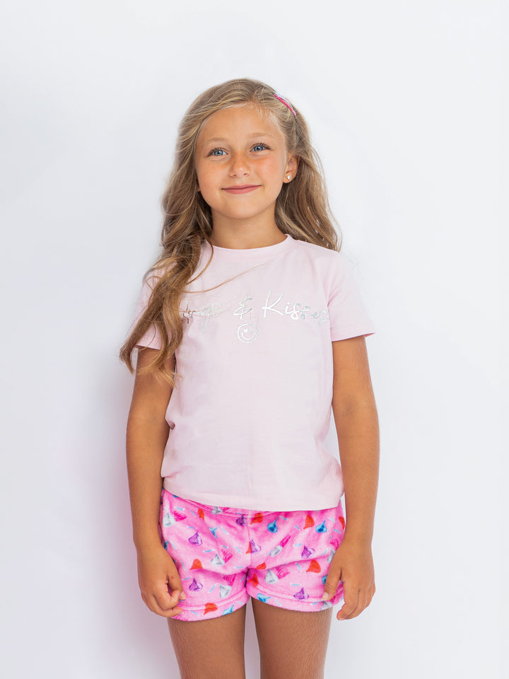 girls pink graphic short sleeve t-shirt with hugs and kisses foil print