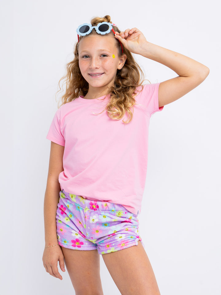 girls lavender plush lounge shorts in floral print
