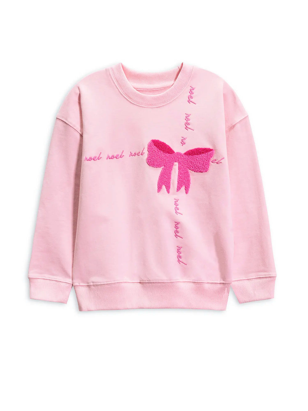 Pink sweatshirt with a large bow design on a white background