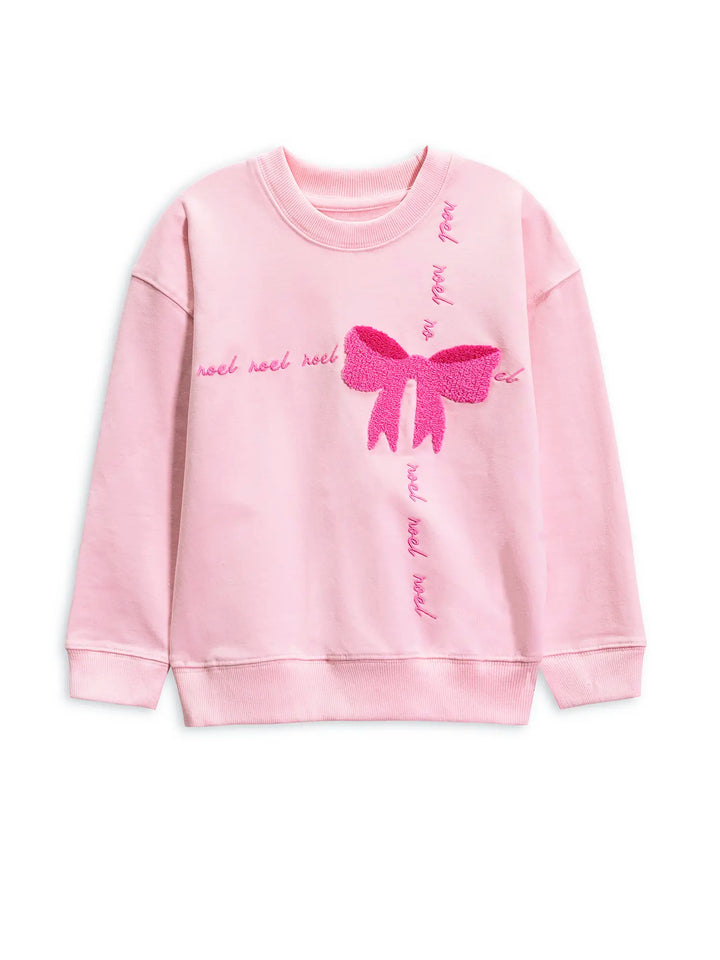 Pink sweatshirt with a large bow design on a white background
