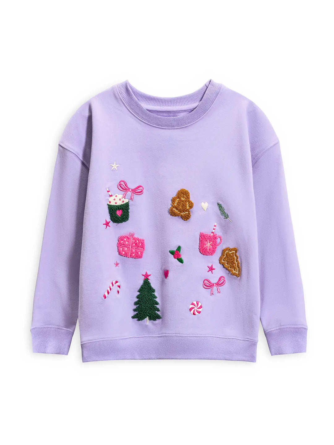 Purple sweatshirt with festive graphics on a white background