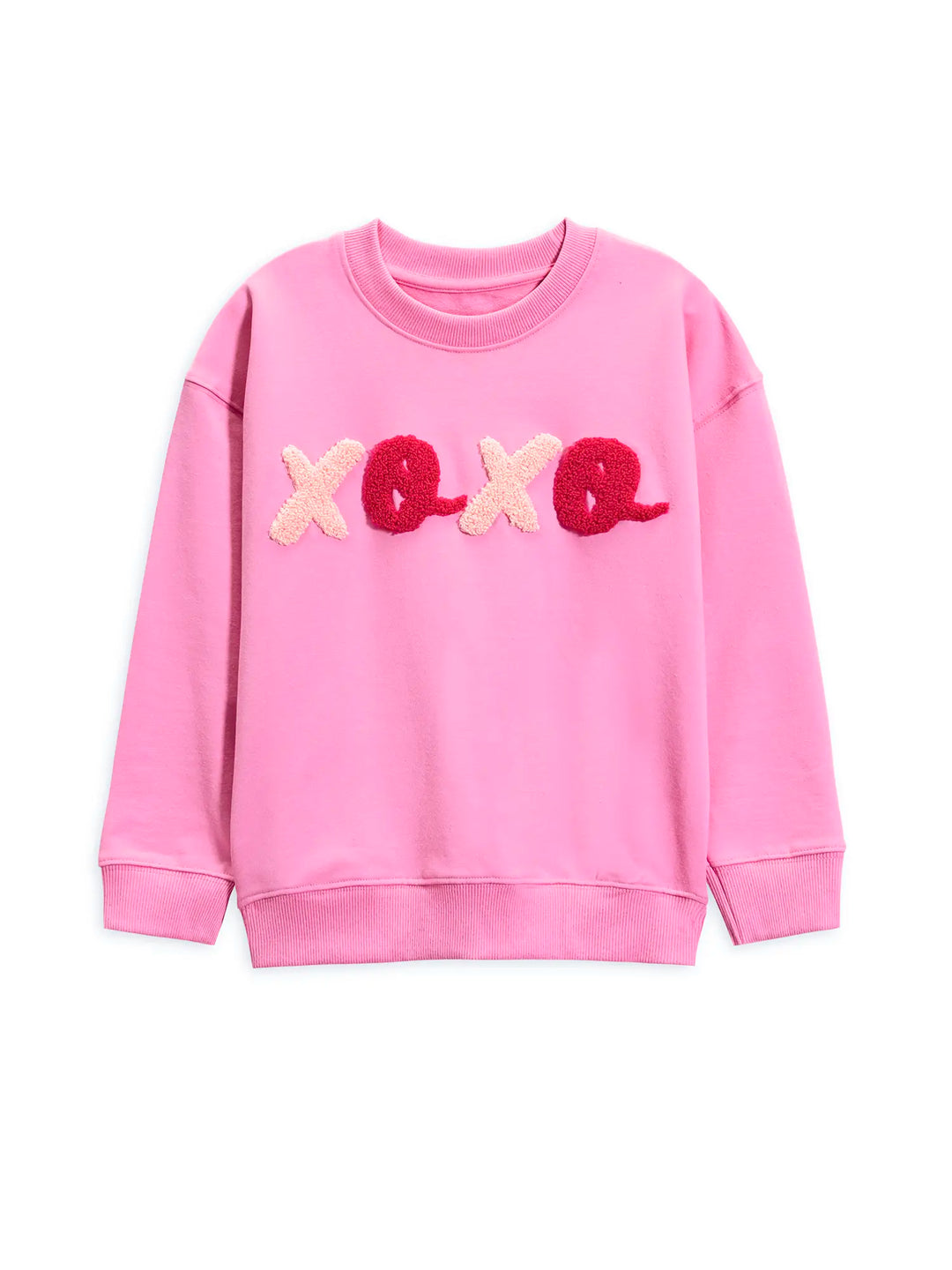 Pink sweatshirt with 'xoxo' detail on a white background