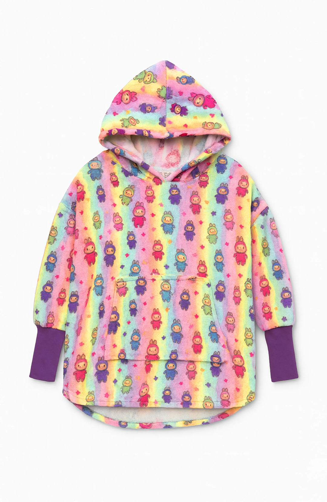 Colorful hoodie with fun character pattern on a rainbow background