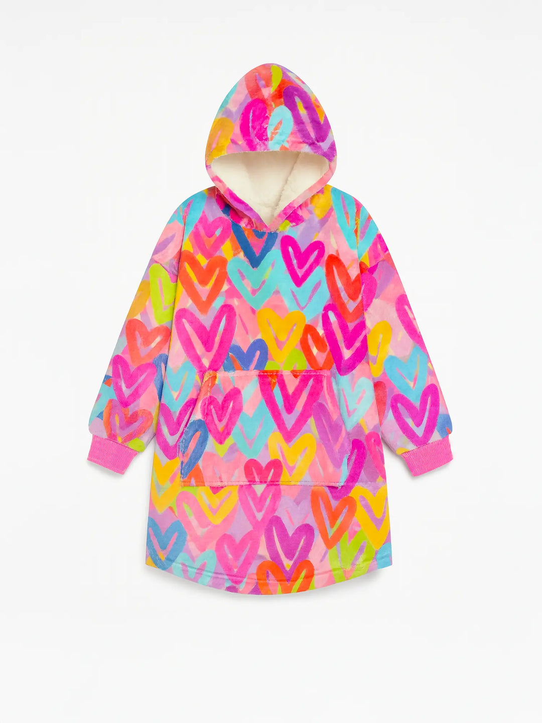 Colorful heart-patterned oversized plush hoodie on a white background