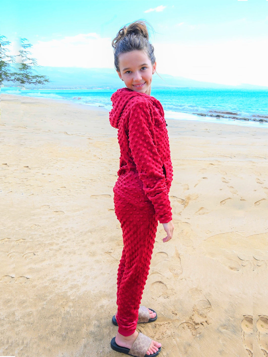 girls dark red minky zip hoodie and jogger pant set