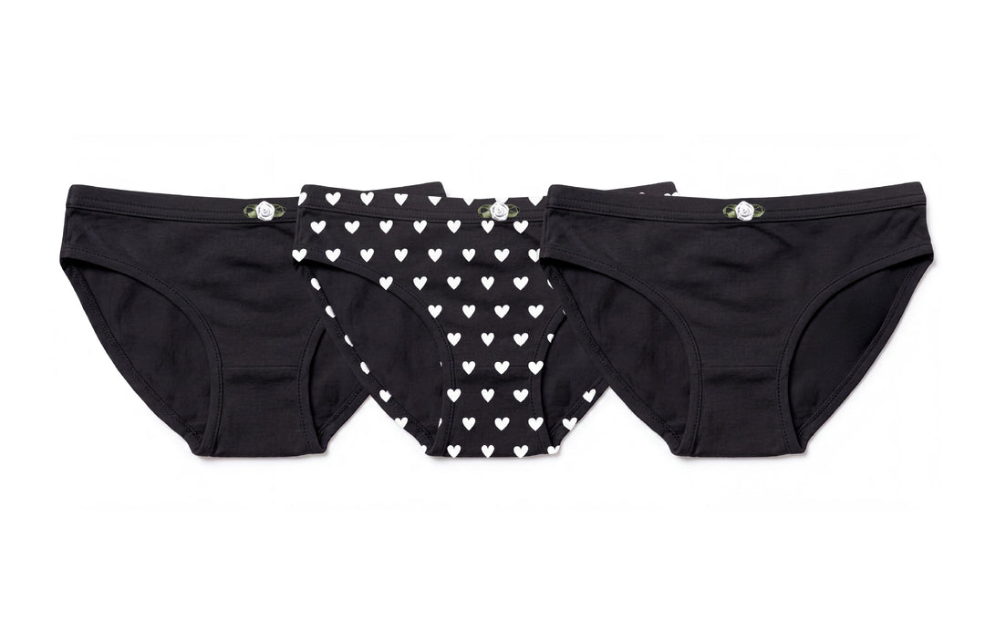 Girls Underwear 3 Piece Set - Black & White Hearts & 2 Solid Black