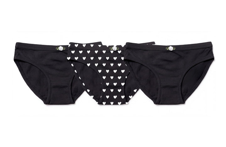 Girls Underwear 3 Piece Set - Black & White Hearts & 2 Solid Black