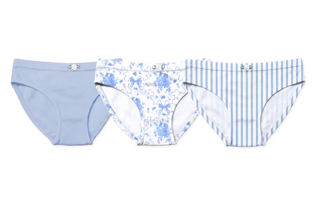 Girls Underwear 3 Piece Set - Light Blue, Blue Posies & Blue Stripes Girls Underwear 3 Piece Set