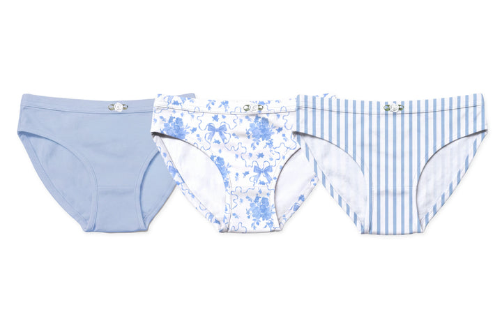 Girls Underwear 3 Piece Set - Light Blue, Blue Posies & Blue Stripes Girls Underwear 3 Piece Set