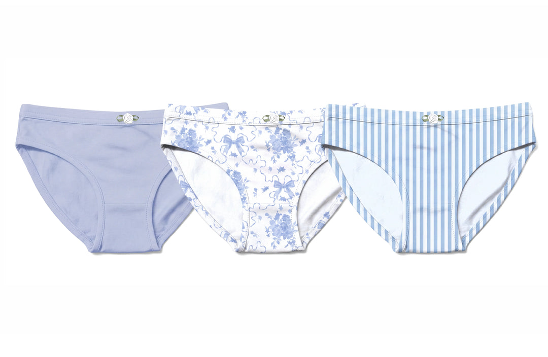Girls Underwear 3 Piece Set - Light Blue, Blue Posies & Blue Stripes Girls Underwear 3 Piece Set
