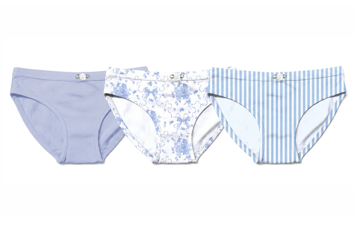 Girls Underwear 3 Piece Set - Light Blue, Blue Posies & Blue Stripes Girls Underwear 3 Piece Set