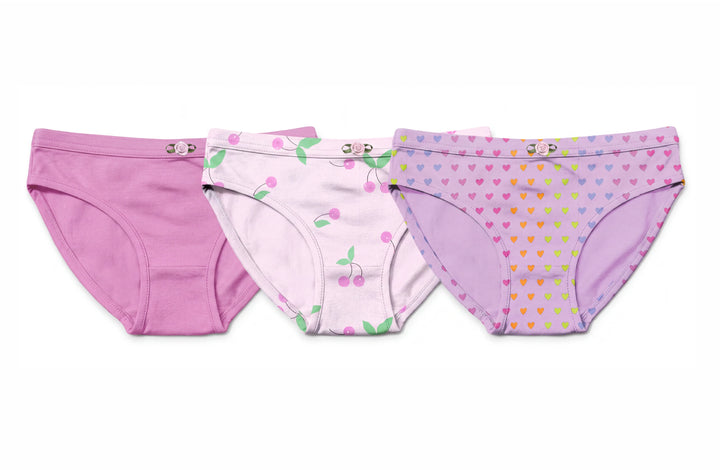 Girls Underwear 3 Piece Set - Orchid, Sweet Cherries & Shimmering Hearts