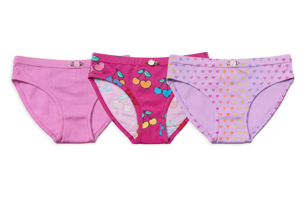 Girls Underwear 3 Piece Set - Orchid, Sweet Cherries & Shimmering Hearts