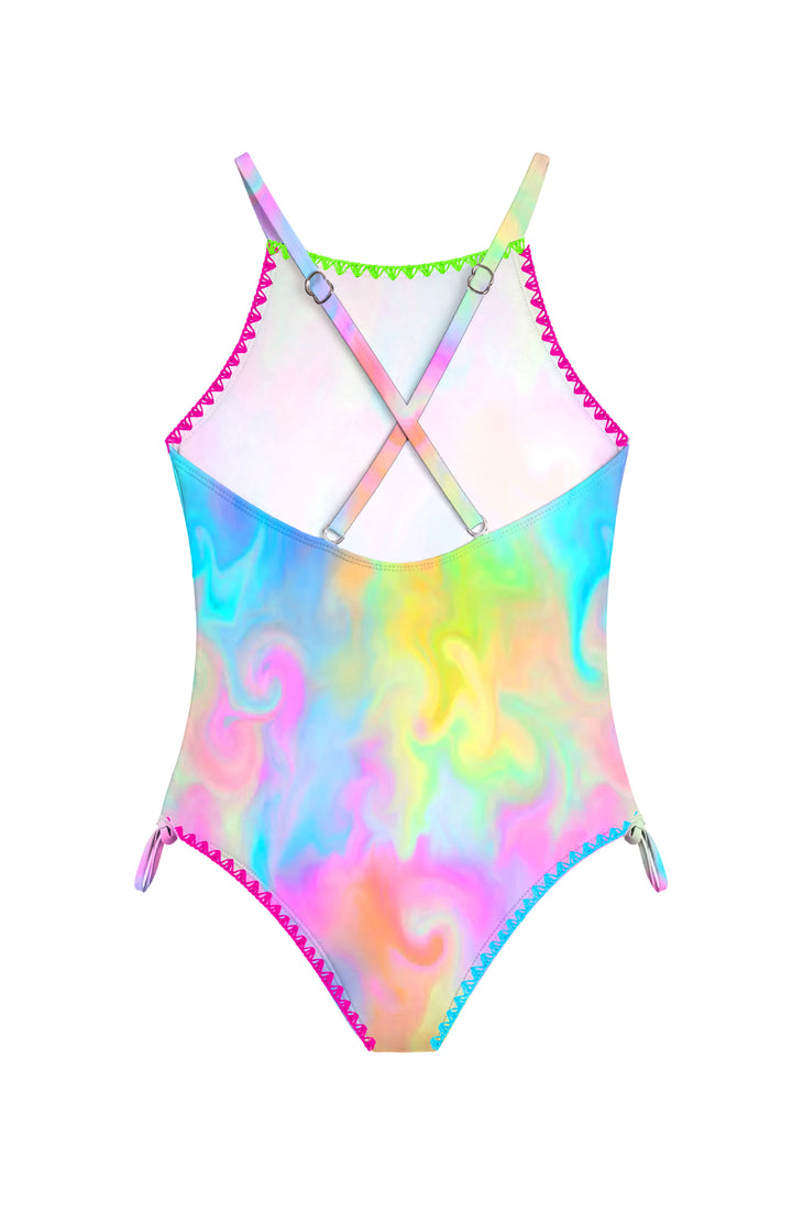 Azura Marble Printed One Piece Swimsuit with Embroidered Trim