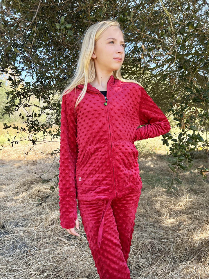 girls dark red minky zip hoodie and jogger pant set