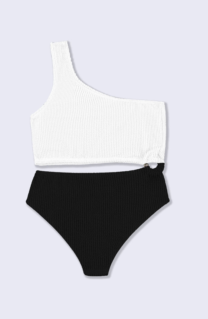 Dina Crinkle Side Cutout One Piece Swimsuit - Black and White