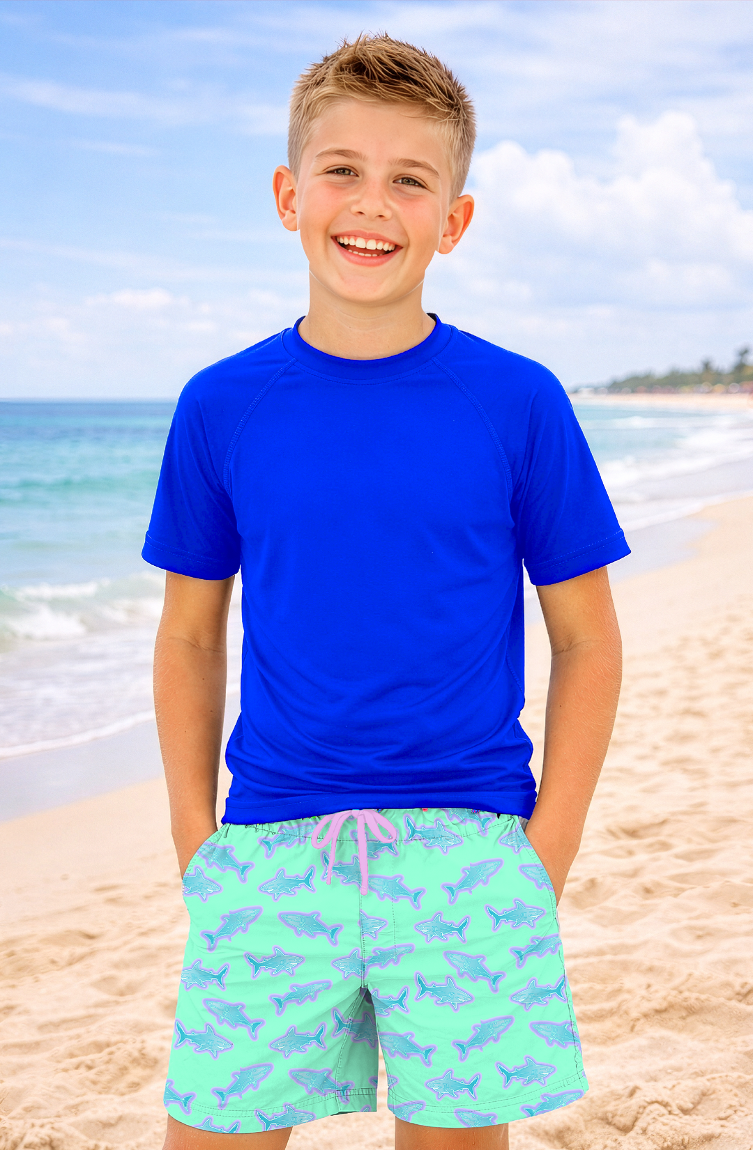 Dylan Boys Neon Sharks Print Board Shorts