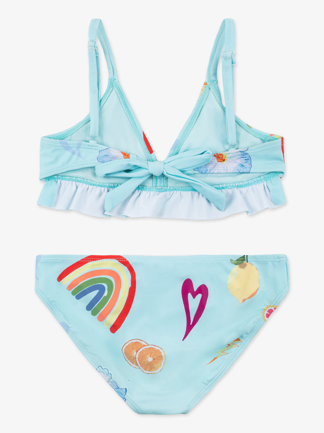 girls light blue bikini with rainbow print
