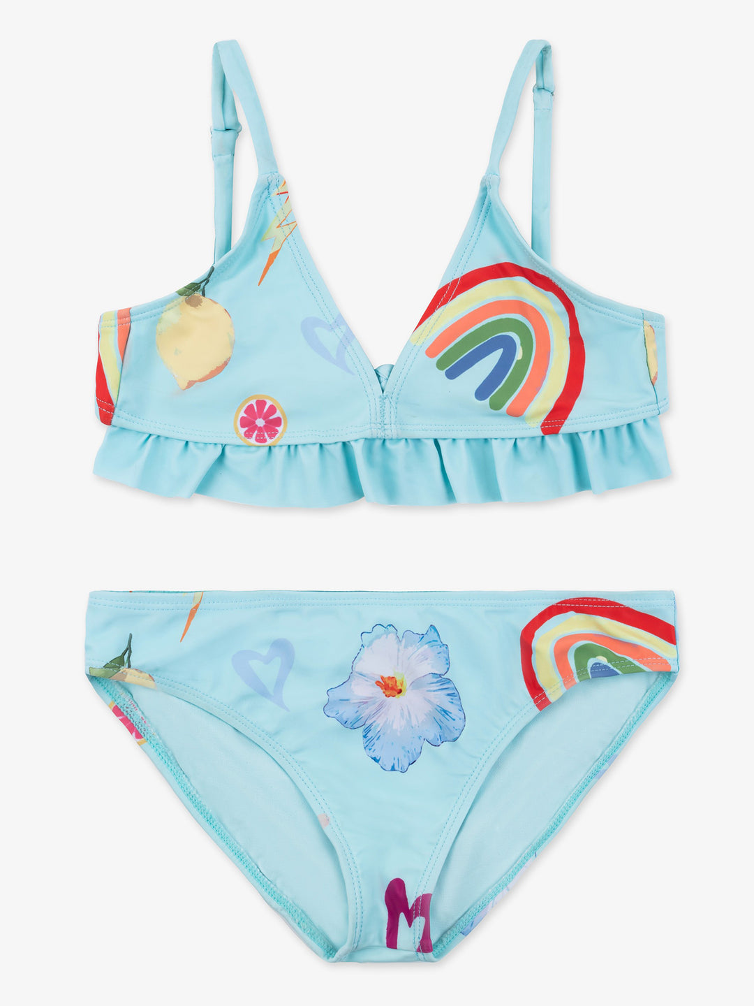 girls light blue bikini with rainbow print