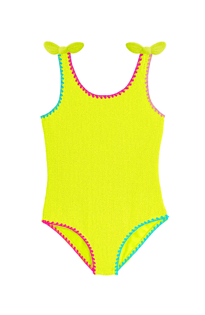 Kaya Crinkle Bow Tie One Piece - Embroidered Lime