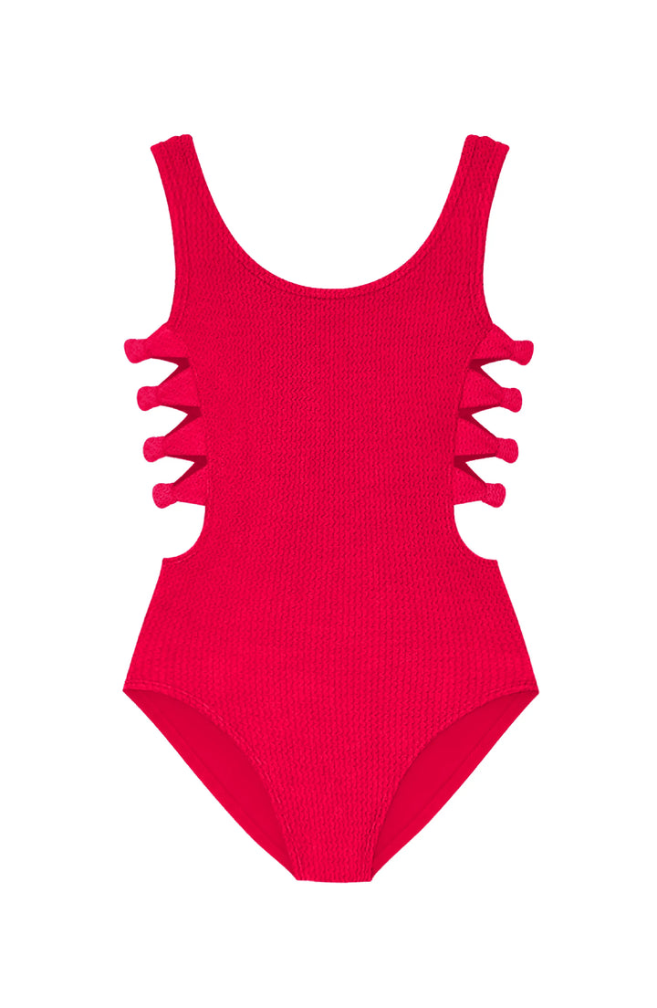 Layla Crinkle Bow Side Cutout One Piece Swimsuit - Red