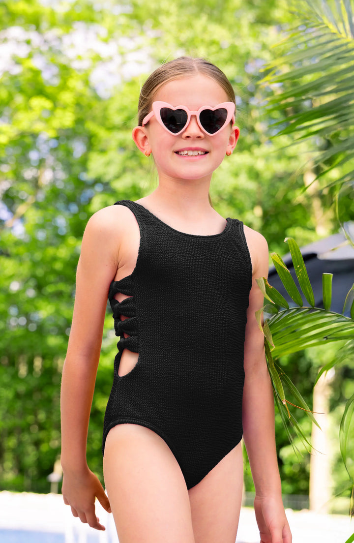 Layla Crinkle Bow Side Cutout One Piece Swimsuit - Black