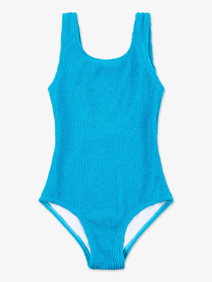 girls blue crinkle one piece swimsuit