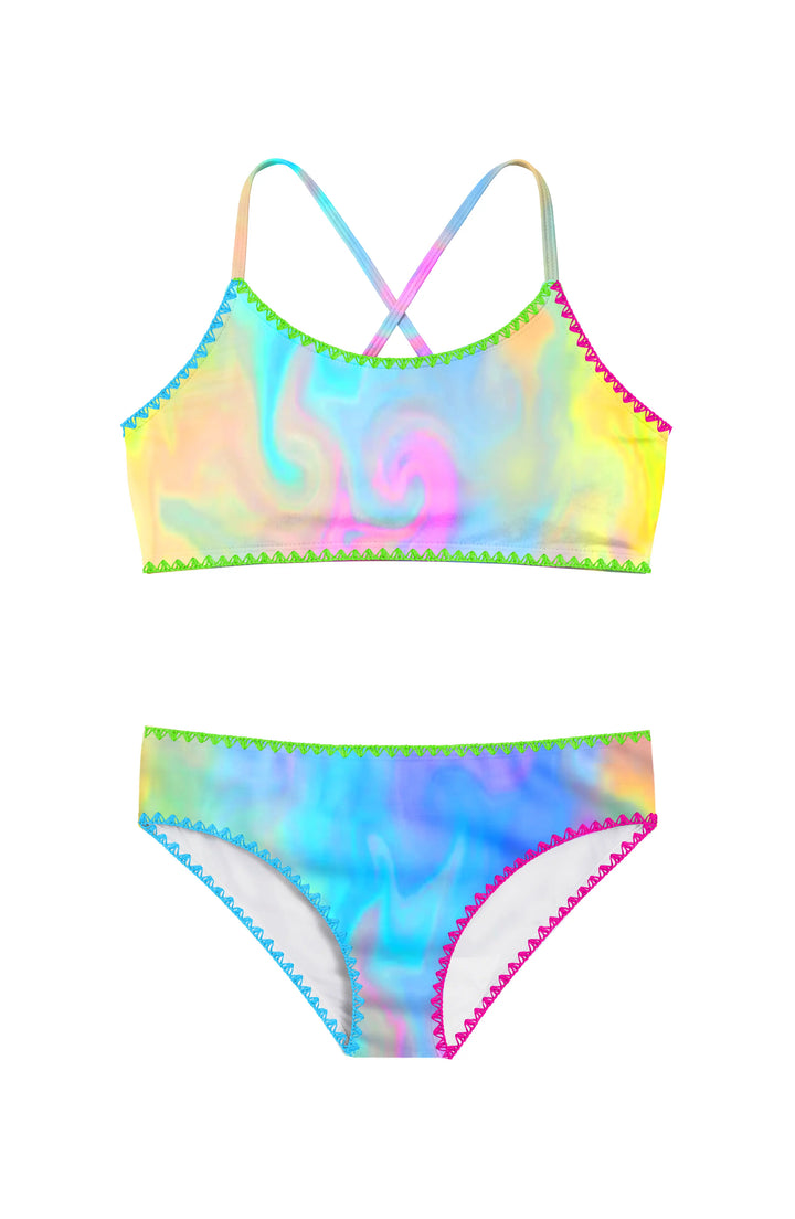 Luna Marble Print Bikini Swimsuit with Embroidered Trim