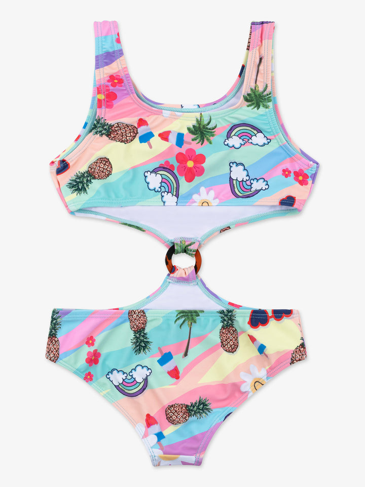 girls printed cutout one piece swimsuit