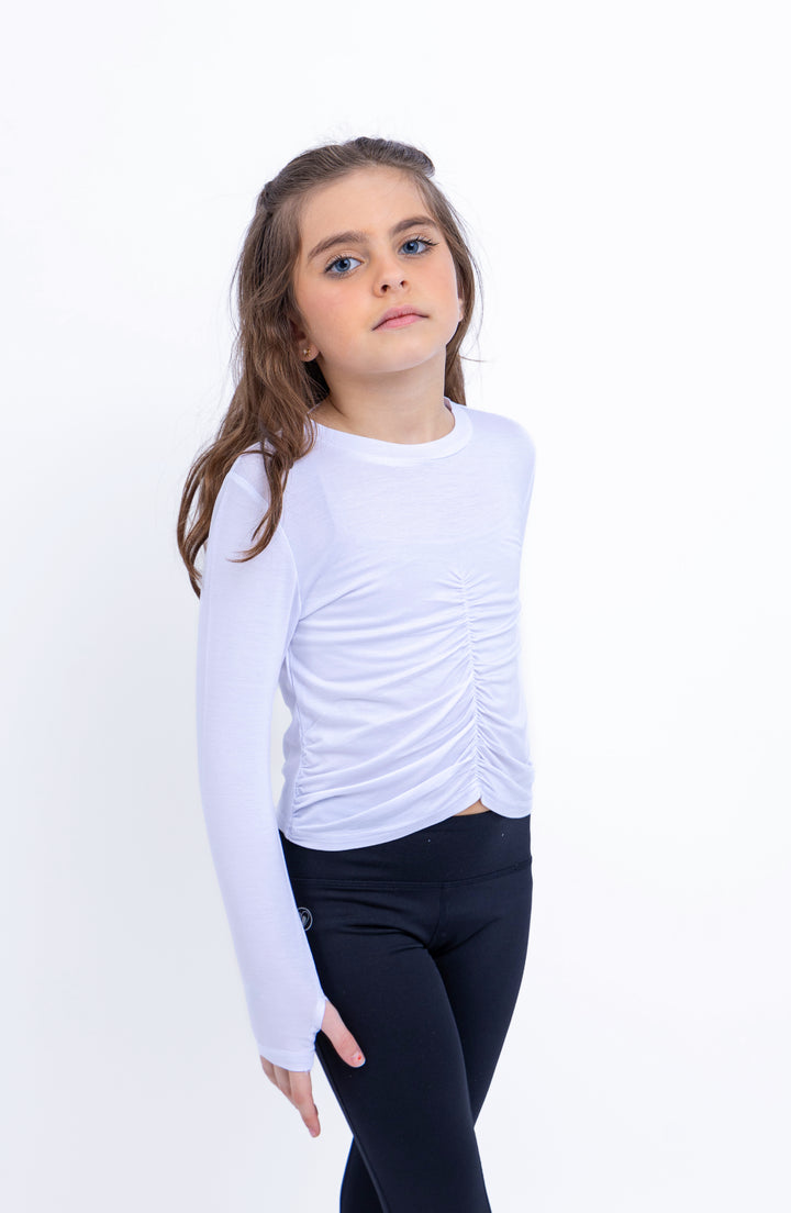 Pixie -  Ruched Long Sleeve Top - White