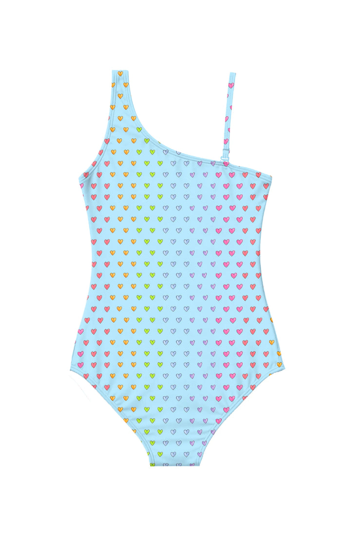 Rhea Multicolor Heart Printed One Shoulder One Piece Swimsuit