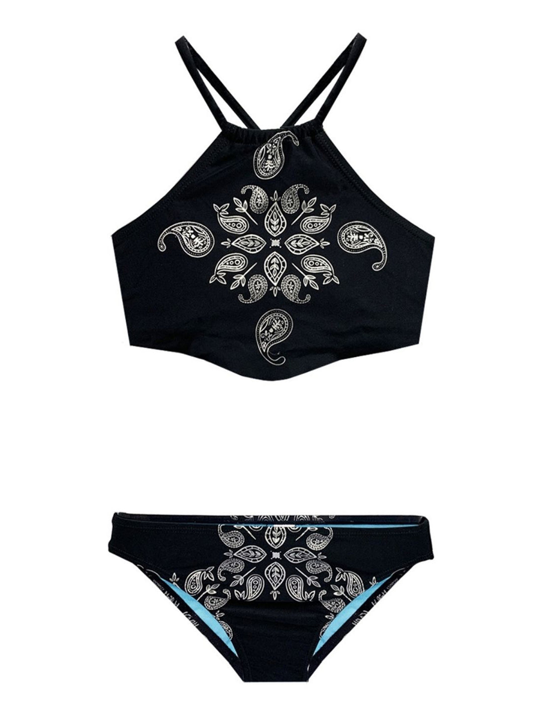 girls black tankini two piece swimsuit with foil print