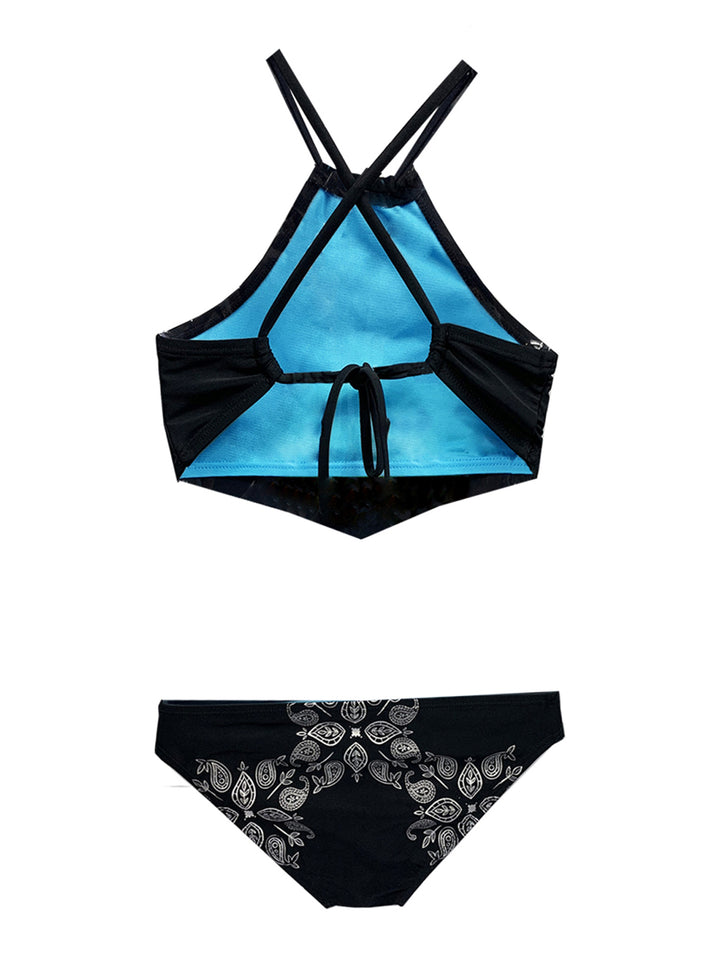 girls black tankini two piece swimsuit with foil print