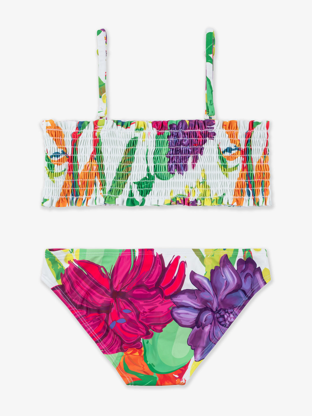girls tropical printed smocked bikini swimsuit