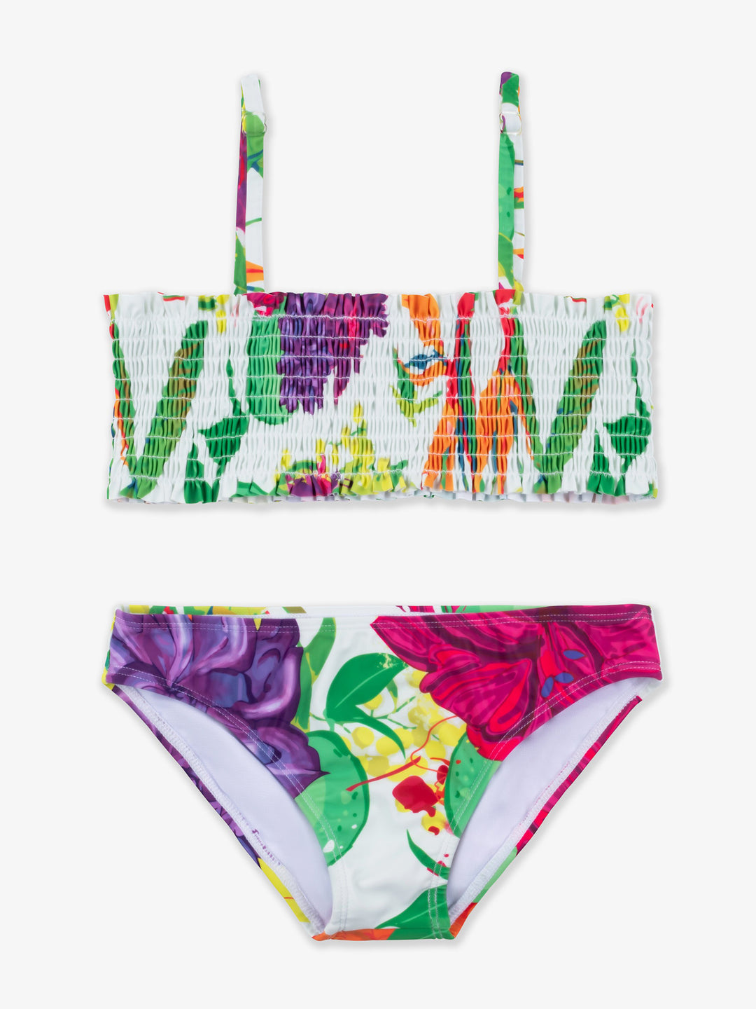 girls tropical printed smocked bikini swimsuit