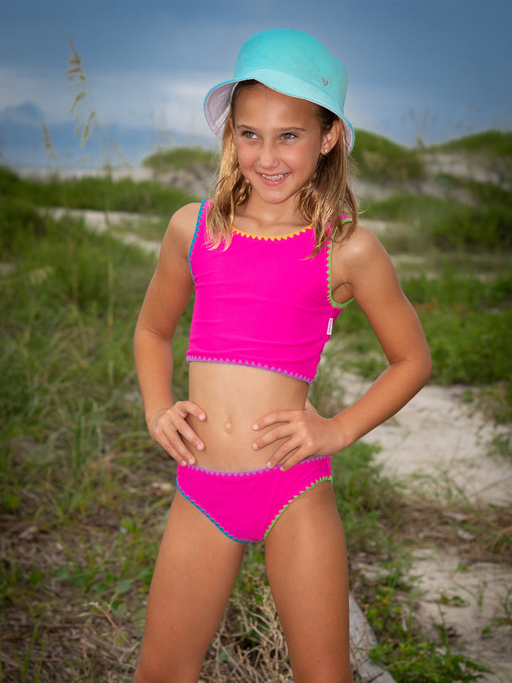 girls fuchsia tankini two piece swimsuit with embroidered trim