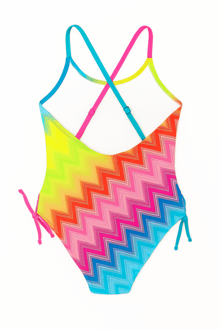 Colorful chevron one piece swimsuit with pink straps on a white background