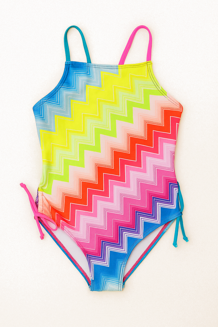 Colorful chevron patterned one piece swimsuit on a white background