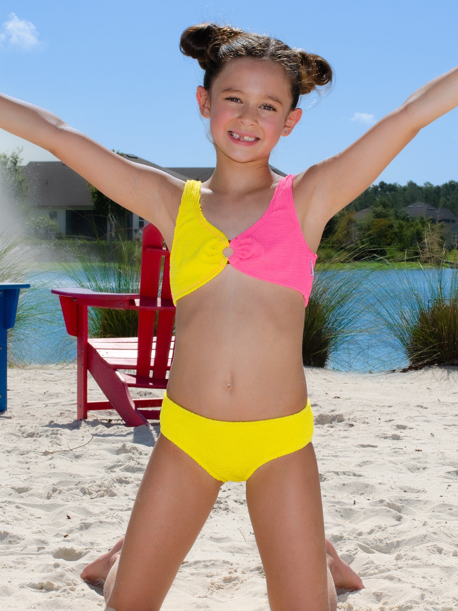 Cropped Tankini with Ring at CF and Crinkle Texture